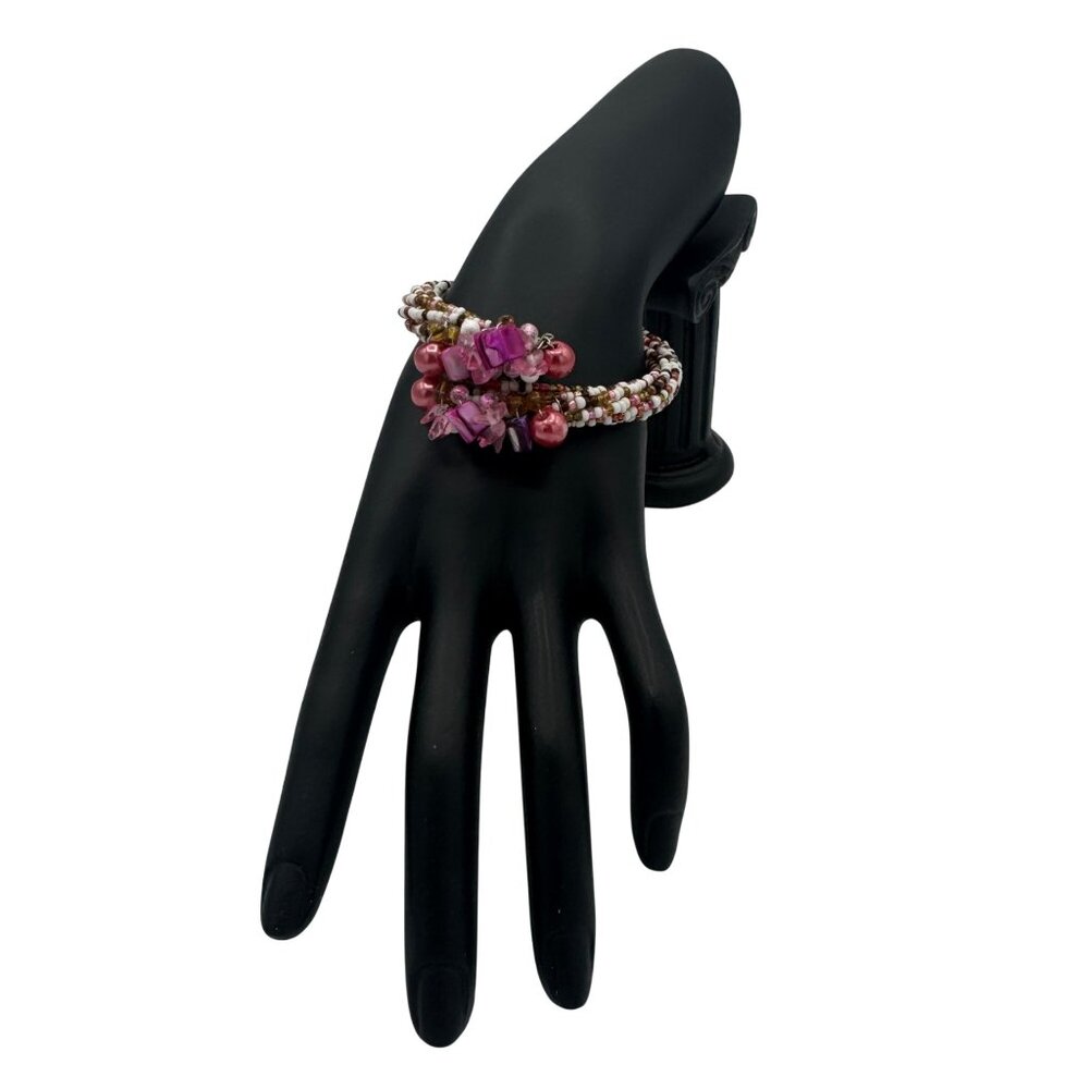 Pink & White Beaded Stretch  Wrap Bracelet With Chunky Crystal Accents